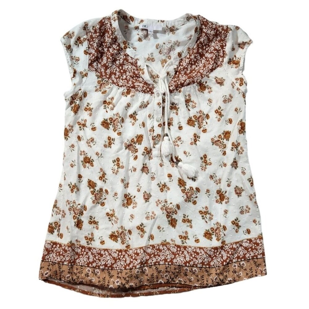 DR2 Womens Floral Boho Blouse With Tassel Tie‎ Neck - Small Size